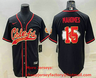 Men's Kansas City Chiefs #15 Patrick Mahomes Black Team Big Logo With Patch Cool Base Stitched Baseball Jersey