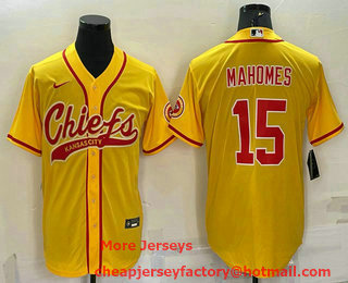 Men's Kansas City Chiefs #15 Patrick Mahomes Gold With Patch Cool Base Stitched Baseball Jersey