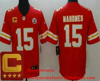 Men's Kansas City Chiefs #15 Patrick Mahomes II Limited Red 2022 Captain Patch Vapor Jersey