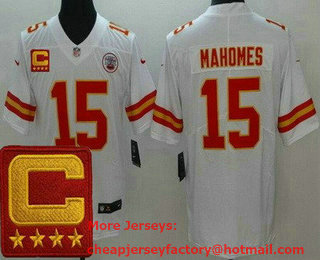 Men's Kansas City Chiefs #15 Patrick Mahomes II Limited White 2022 Captain Patch Vapor Jersey