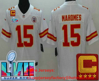 Men's Kansas City Chiefs #15 Patrick Mahomes Limited White C Patch Super Bowl LVII Vapor Jersey