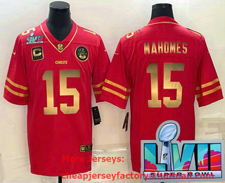 Men's Kansas City Chiefs #15 Patrick Mahomes Red Gold Super Bowl LVII Patch Vapor Untouchable Limited Stitched Jersey
