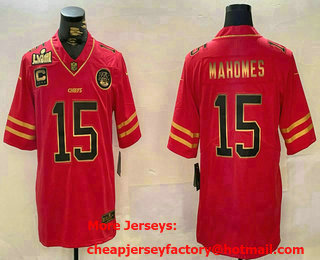 Men's Kansas City Chiefs #15 Patrick Mahomes Red Gold Super Bowl LVII Patch Vapor Untouchable Limited Stitched Jersey
