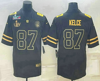 Men's Kansas City Chiefs #87 Travis Kelce Black Golden Super Bowl LV And Super Bowl LVII Patch Vapor Limited Stitched Jersey