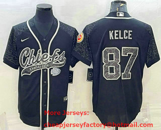 Men's Kansas City Chiefs #87 Travis Kelce Black Reflective With Patch Cool Base Stitched Baseball Jersey