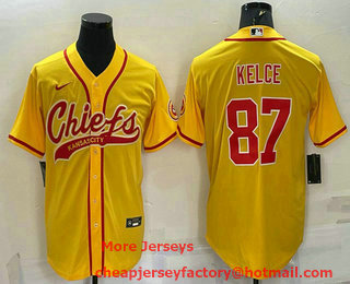 Men's Kansas City Chiefs #87 Travis Kelce Gold With Patch Cool Base Stitched Baseball Jersey