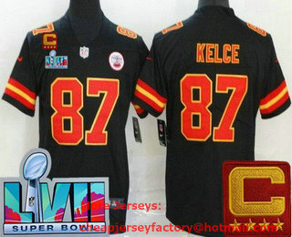 Men's Kansas City Chiefs #87 Travis Kelce Limited Black C Patch Super Bowl LVII Vapor Jersey