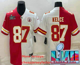 Men's Kansas City Chiefs #87 Travis Kelce Red White Two Tone Super Bowl LVII Patch Vapor Stitched Limited Jersey