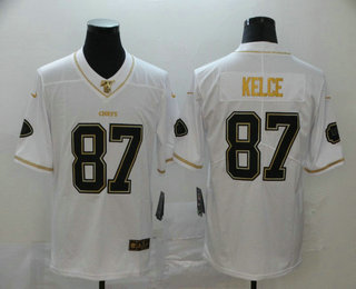 Men's Kansas City Chiefs #87 Travis Kelce White 100th Season Golden Edition Jersey