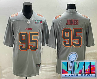 Men's Kansas City Chiefs #95 Chris Jones Gray Super Bowl LVII Patch Atmosphere Fashion Stitched Jersey