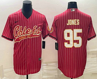 Men's Kansas City Chiefs #95 Chris Jones Red Pinstripe With Patch Cool Base Stitched Baseball Jersey