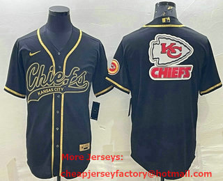 Men's Kansas City Chiefs Black Gold Team Big Logo With Patch Cool Base Stitched Baseball Jersey