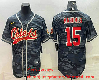 Men's Kansas City Chiefs #15 Patrick Mahomes Grey Navy Camo With Patch Cool Base Stitched Baseball Jersey