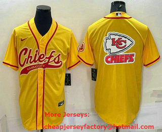 Men's Kansas City Chiefs Gold Team Big Logo With Patch Cool Base Stitched Baseball Jersey