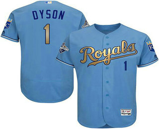 Men's Kansas City Royals #1 Jarrod Dyson Light Blue FlexBase Authentic 2015 World Series Champions Gold Program Jersey