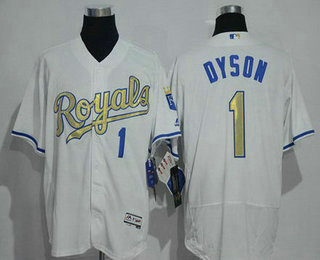 Men's Kansas City Royals #1 Jarrod Dyson White World Series Champions Gold Program FlexBase Player Jersey