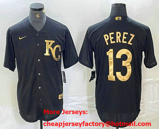 Men's Kansas City Royals #13 Salvador Perez Black Gold Cool Base Stitched Jersey