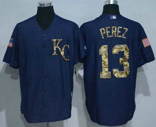 Men's Kansas City Royals #13 Salvador Perez Blue Salute to Service Baseball Jersey