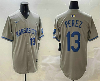 Men's Kansas City Royals #13 Salvador Perez Grey 2024 Away Limited Stitched Jersey