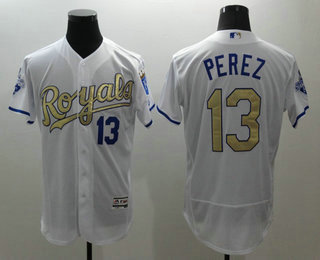 Men's Kansas City Royals #13 Salvador Perez White World Series Champions Gold Program FlexBase Player Jersey