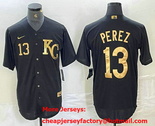 Men's Kansas City Royals #13 Salvador Perez Number Black Gold Cool Base Stitched Jersey