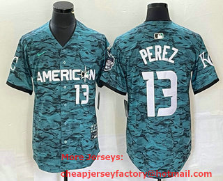 Men's Kansas City Royals #13 Salvador Perez Teal 2023 All Star Cool Base With Patch Stitched Baseball Jersey