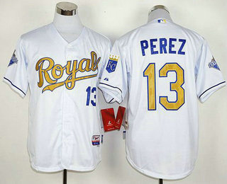 Men's Kansas City Royals #13 Salvador Perez White 2015 World Series Champions Gold Program Jersey