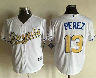 Men's Kansas City Royals #13 Salvador Perez White New Cool Base 2015 World Series Champions Gold Program Jersey