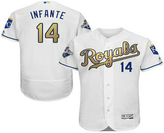 Men's Kansas City Royals #14 Omar Infante White World Series Champions Gold Program FlexBase Player Jersey