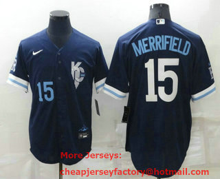 Men's Kansas City Royals #15 Whit Merrifield Number 2022 Navy Blue City Connect Cool Base Stitched Jersey