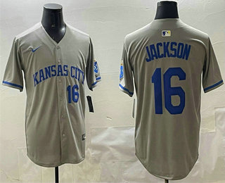 Men's Kansas City Royals #16 Bo Jackson Grey 2024 Away Limited Stitched Jersey