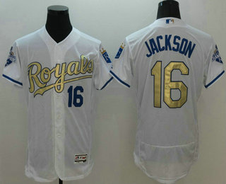 Men's Kansas City Royals #16 Bo Jackson White World Series Champions Gold Program FlexBase Player Jersey