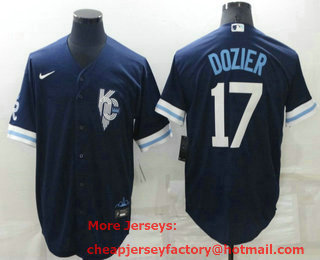 Men's Kansas City Royals #17 Hunter Dozier 2022 Navy Blue City Connect Cool Base Stitched Jersey