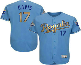 Men's Kansas City Royals #17 Wade Davis Light Blue FlexBase Authentic 2015 World Series Champions Gold Program Jersey