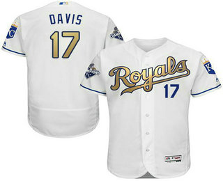 Men's Kansas City Royals #17 Wade Davis White World Series Champions Gold Program FlexBase Player Jersey
