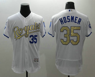 Men's Kansas City Royals #35 Eric Hosmer White World Series Champions Gold Program FlexBase Player Jersey