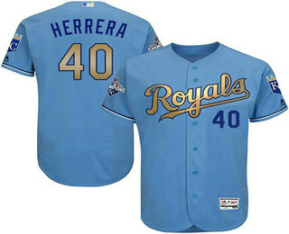 Men's Kansas City Royals #40 Kelvin Herrera Light Blue FlexBase Authentic 2015 World Series Champions Gold Program Jersey