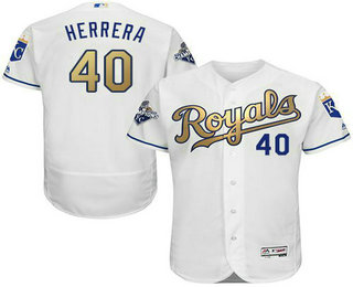 Men's Kansas City Royals #40 Kelvin Herrera White World Series Champions Gold Program FlexBase Player Jersey