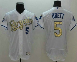 Men's Kansas City Royals #5 George Brett White World Series Champions Gold Program FlexBase Player Jersey