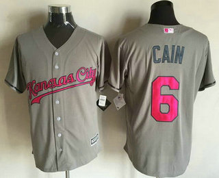 Men's Kansas City Royals #6 Lorenzo Cain Gray With Pink 2016 Mother's Day Baseball Cool Base Jersey