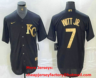 Men's Kansas City Royals #7 Bobby Witt Jr Black Gold Cool Base Stitched Jersey
