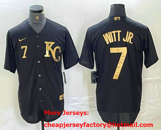 Men's Kansas City Royals #7 Bobby Witt Jr Number Black Gold Cool Base Stitched Jersey
