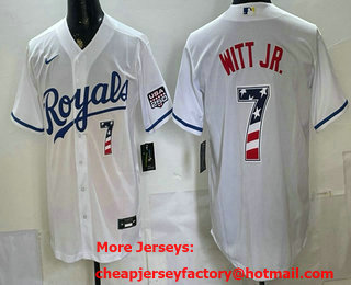 Men's Kansas City Royals #7 Bobby Witt Jr White USA 250 Patch Stadium Jersey