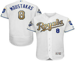 Men's Kansas City Royals #8 Mike Moustakas White World Series Champions Gold Program Cool Base Player Jersey