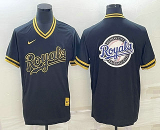 Men's Kansas City Royals Big Logo Black Gold Nike Cooperstown Legend V Neck Jersey 02