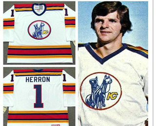 Men's Kansas City Scouts #1 Denis Herron White Vintage 1975 Stitched Hockey Throwback Jersey S-3XL