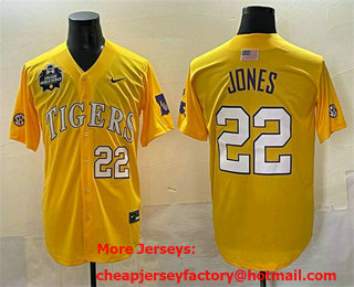 Men's LSU Tigers #22 Jared Jones Gold 2025 World Series Stitched Baseball Jersey