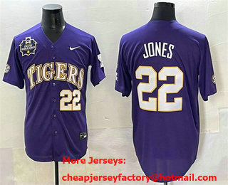 Men's LSU Tigers #22 Jared Jones Purple 2025 World Series Stitched Baseball Jersey