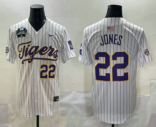 Men's LSU Tigers #22 Jared Jones White Pinstripe 2025 World Series Stitched Baseball Jersey