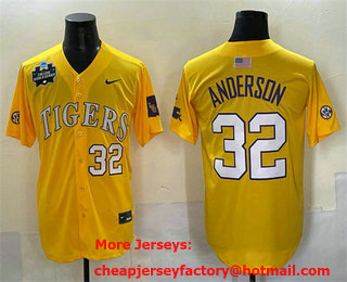 Men's LSU Tigers #32 Kade Anderson Gold 2025 World Series Stitched Baseball Jersey